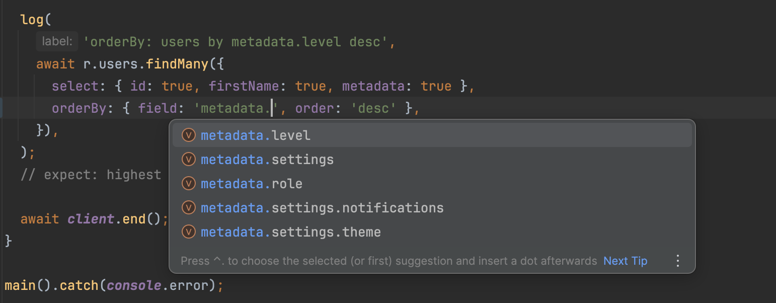 orderBy autocomplete for JSON paths